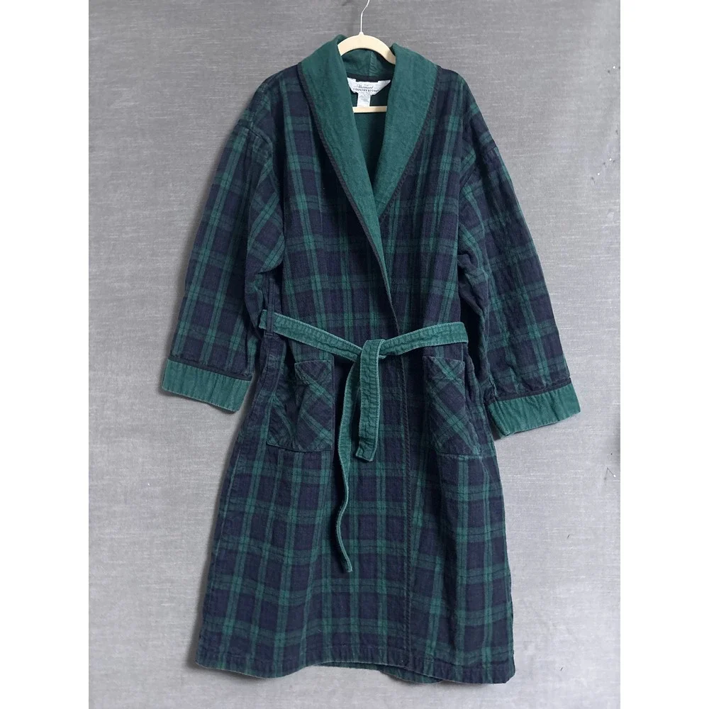 The Vermont Country Store Robe XL Green Blue Plaid Cotton Flannel Belted HEAVY